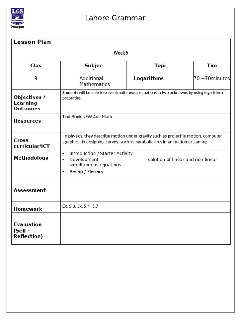 Lahore Grammar School Math Lesson Plans | PDF | Quadratic Equation ...