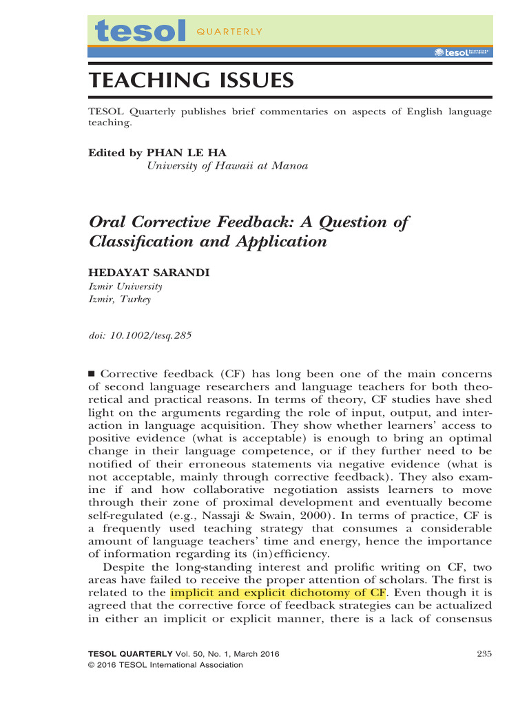 Sarandi 2016 Oral Corrective Feedback | PDF | Second Language | Second ...