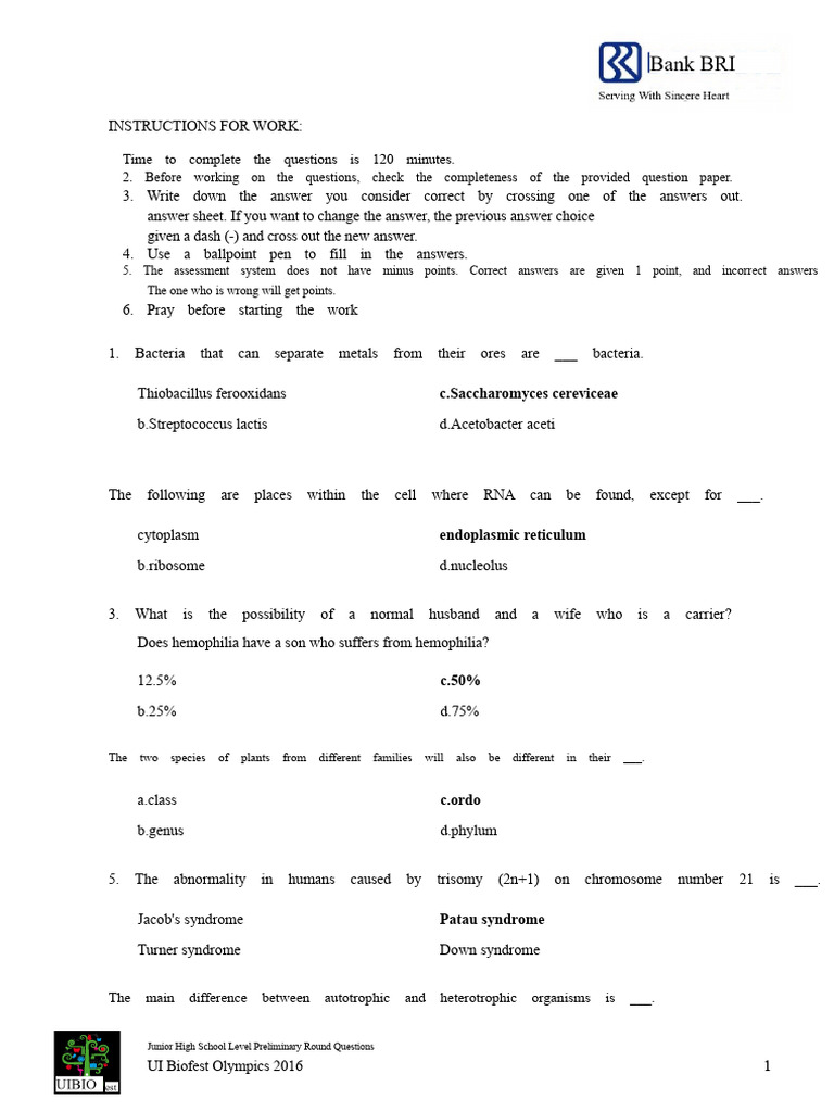 Junior High Biology Olympiad Questions | PDF | Cell (Biology) | Chloroplast
