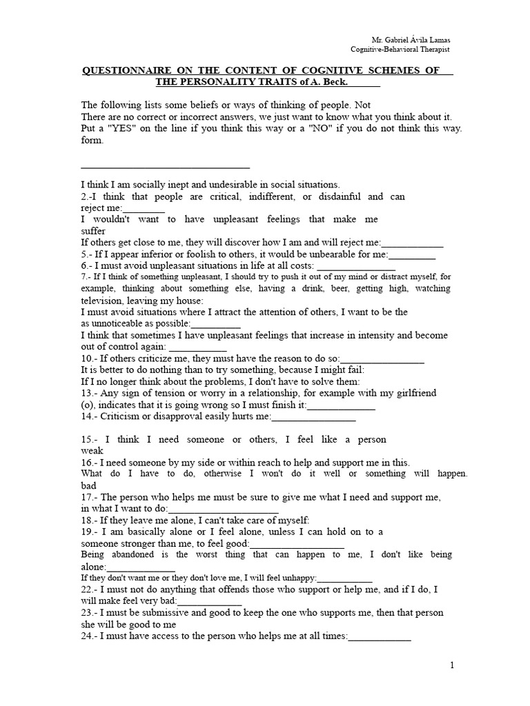 Cognitive Schemes Questionnaire for CBT | PDF | Cognition | Social ...