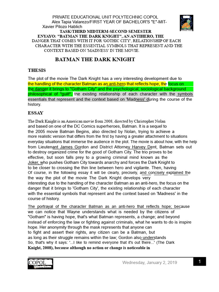 Batman The Knight of The Night - Personal Essay - Tapia Valarezo Alex ...