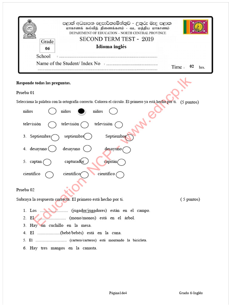 Examen de Lengua Inglesa de 6to Grado - Segundo Trimestre - 2019 ...