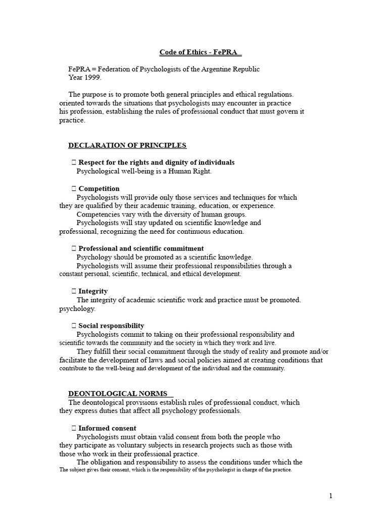 FePRA Code of Ethics for Psychologists | PDF | Psychology | Psychologist