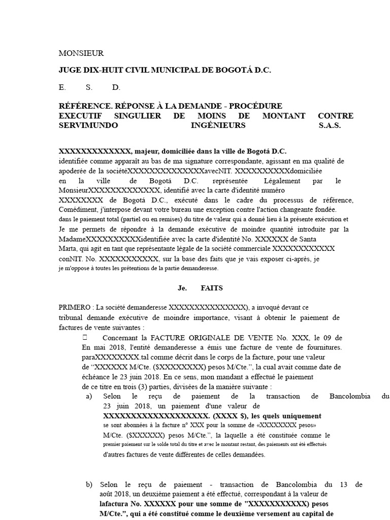 Réponse à la demande d'exécution judiciaire | PDF | Facture | Banques
