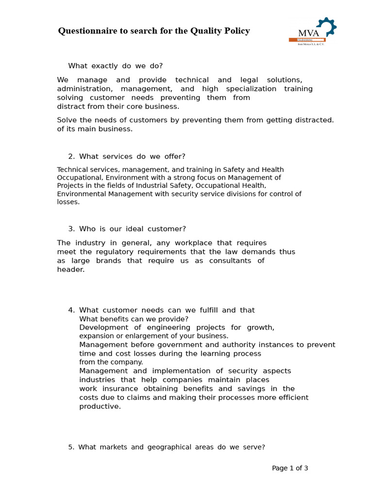 Quality Policy Questionnaire | PDF | Occupational Safety And Health ...