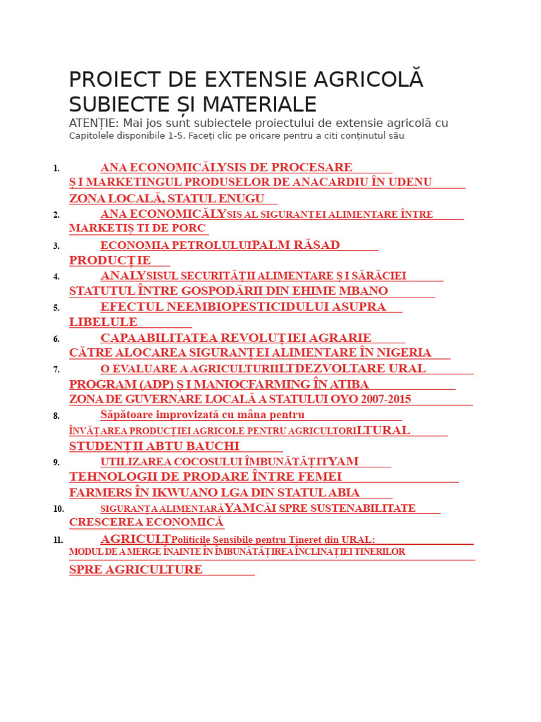 Subiecte Și Materiale Pentru Proiecte de Extensie Agricolă | PDF