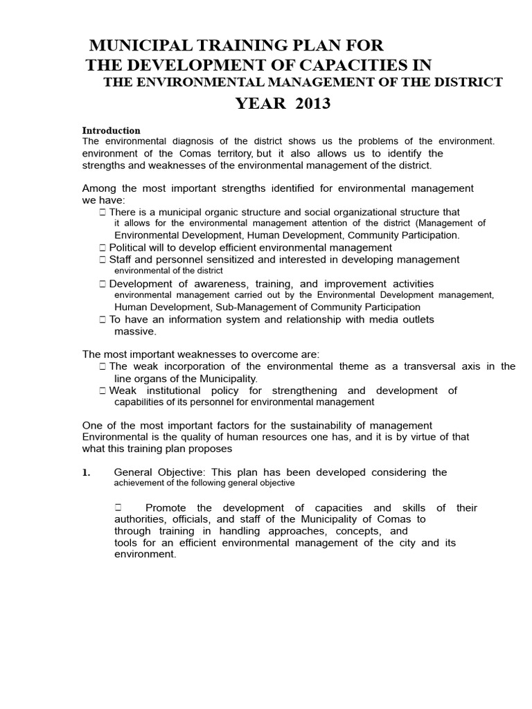 Comas Environmental Management Training Plan | PDF | Environmental ...