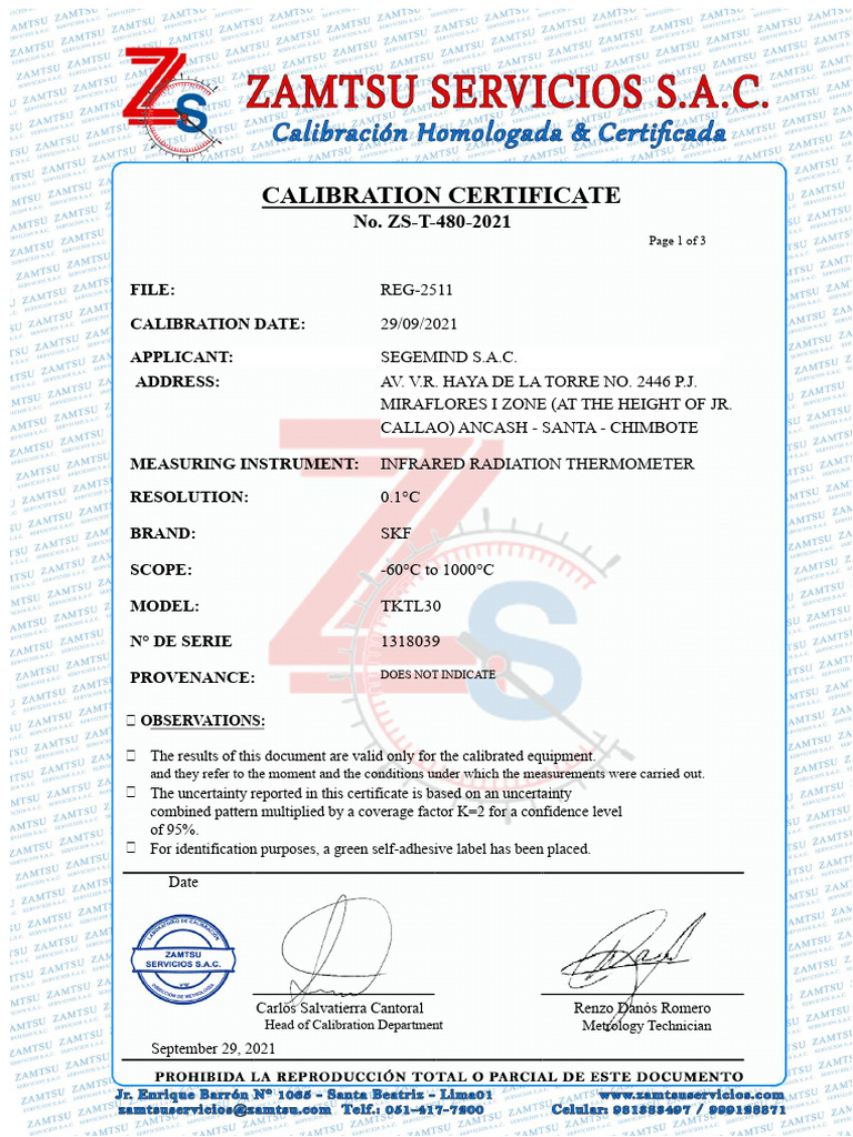 Calibration Certificate for Measuring Instruments | PDF | Calibration ...