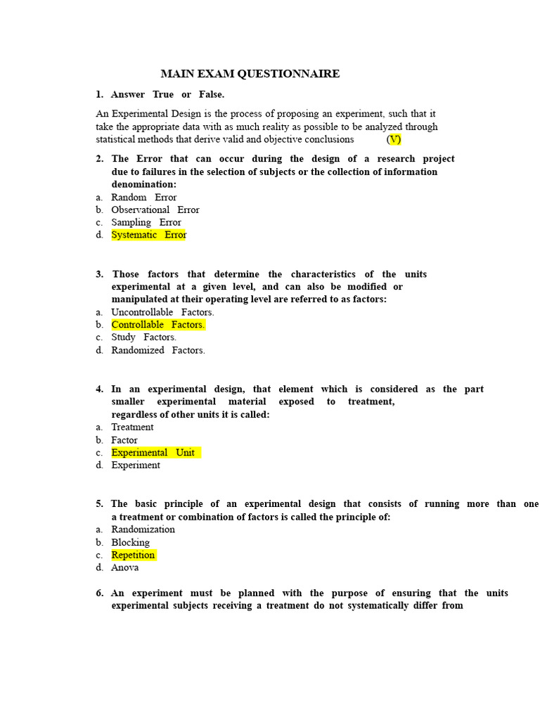 Experimental Design Questionnaire | PDF | Statistics | Analysis Of Variance