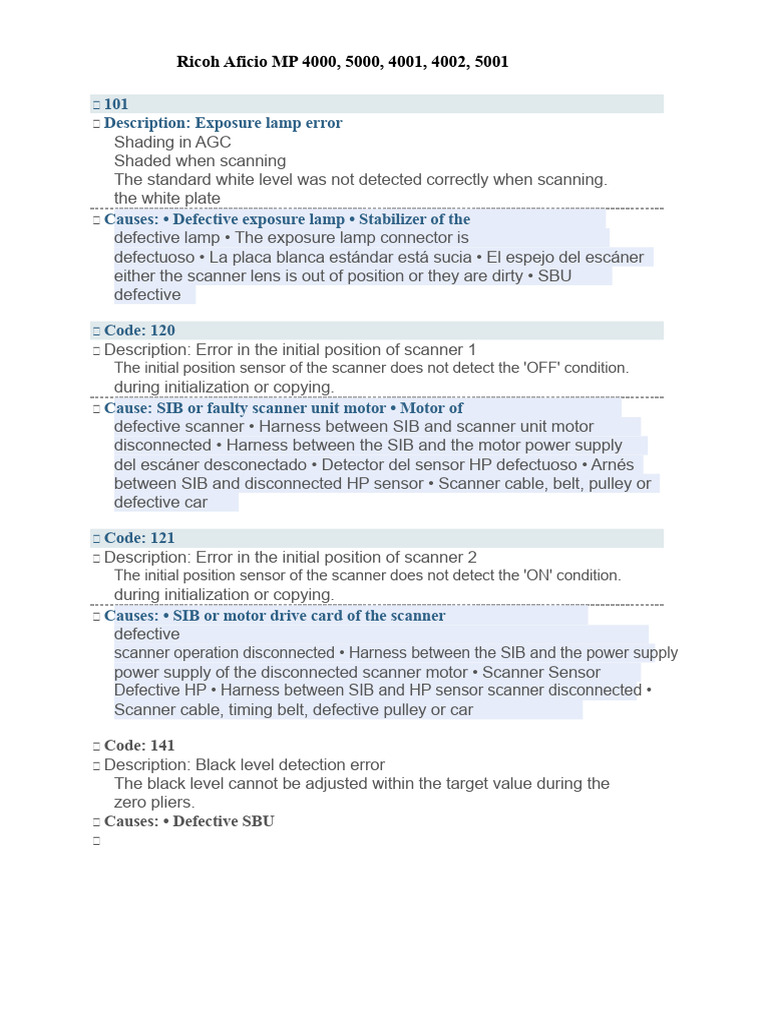 Ricoh Aficio MP Error Codes Guide | PDF | Image Scanner | Computer ...