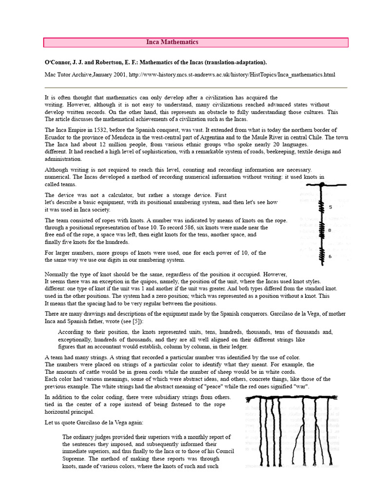 Inca Numerical System and Quipus | PDF | Inca Empire