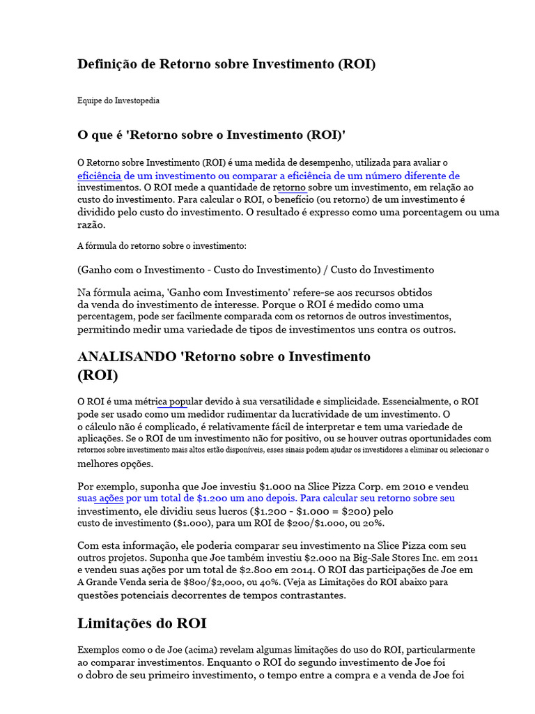 O que é Retorno sobre Investimento (ROI) | PDF | Retorno do ...