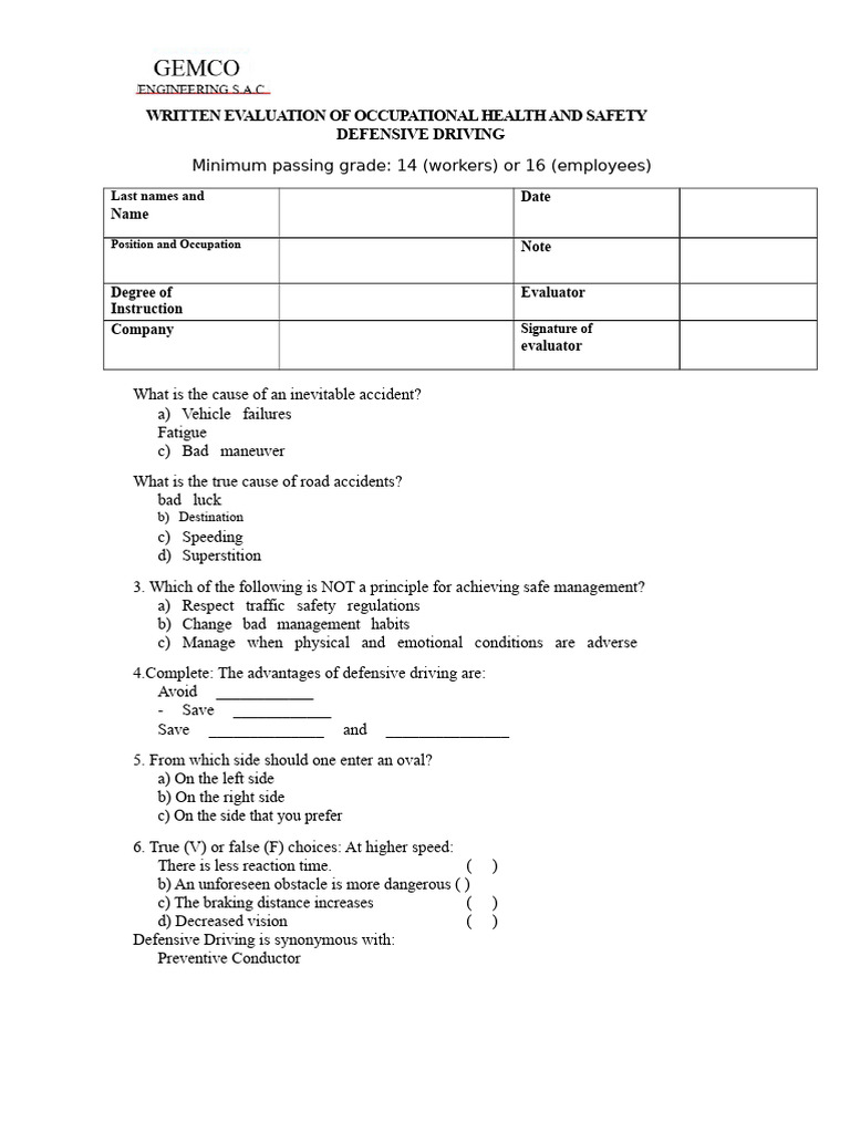 Defensive Driving Test | PDF