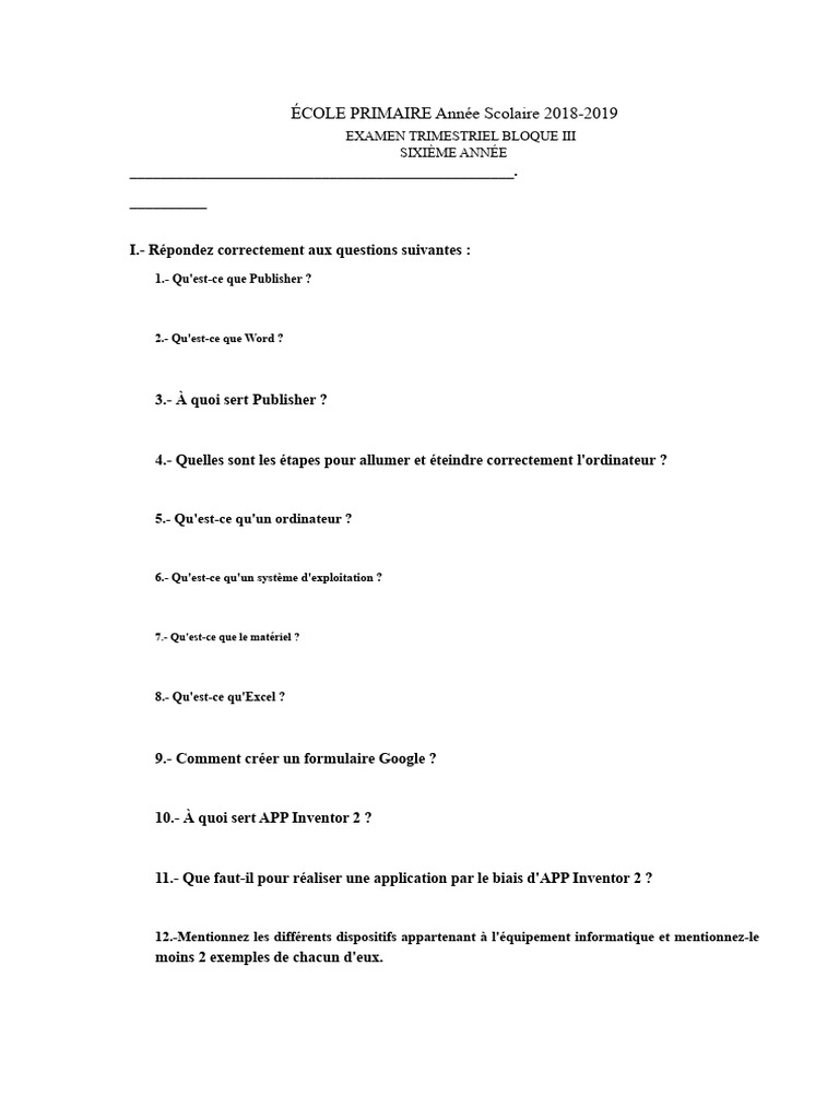 Examen Informatique 6ème Année 2018-2019 | PDF | Microsoft Word ...