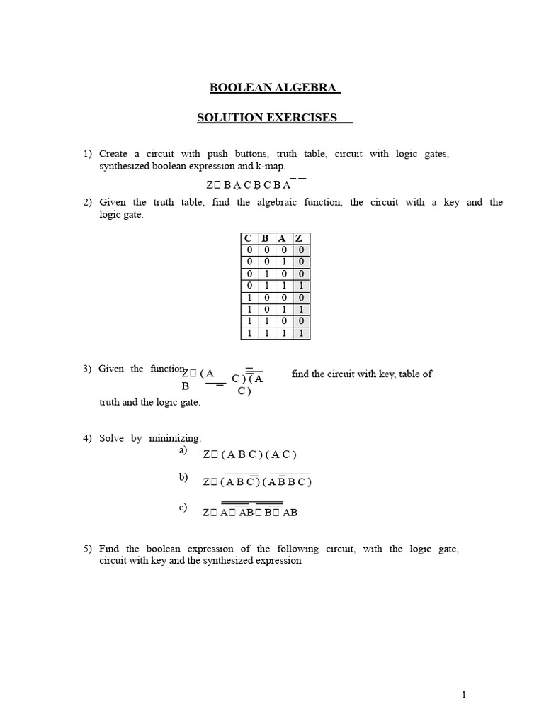 Boolean Algebra Circuit Exercises | PDF | Boolean Algebra | Teaching ...