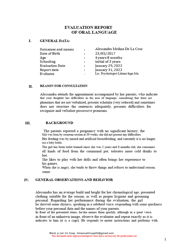 Oral Language Evaluation Report for Child | PDF | Cognitive Science ...