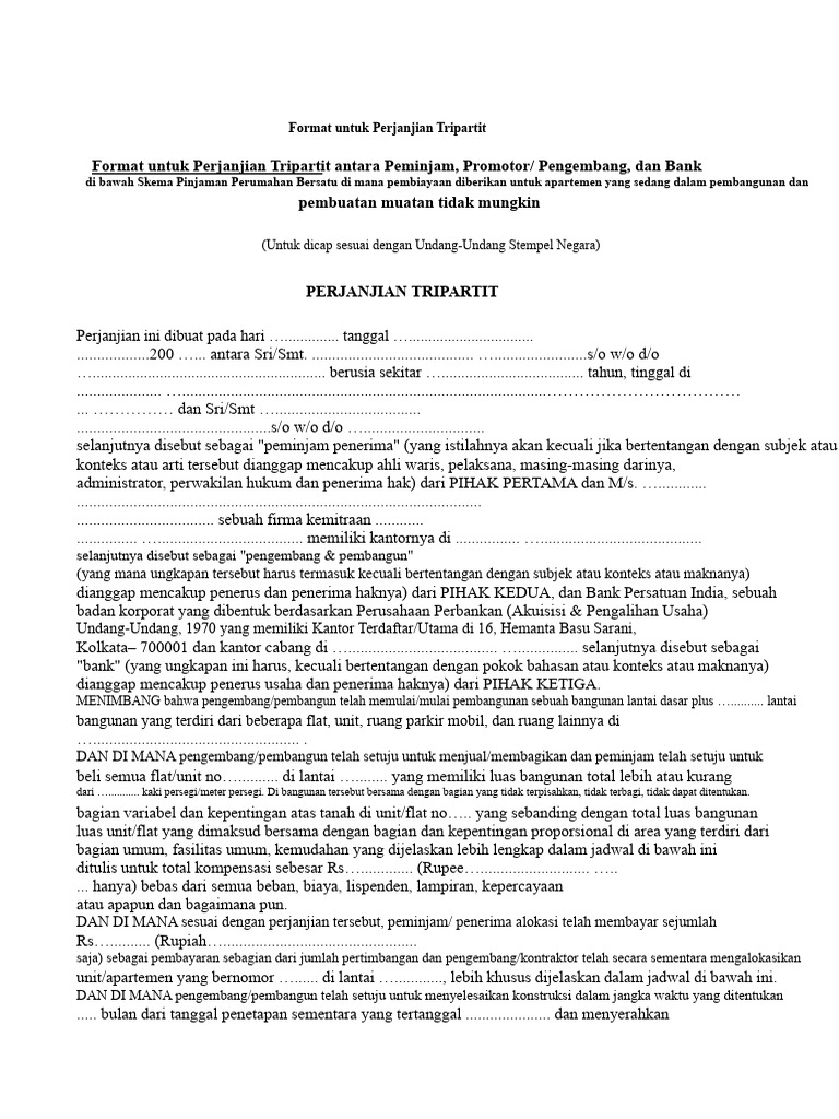 Format Perjanjian Tripartit Pinjaman Perumahan | PDF