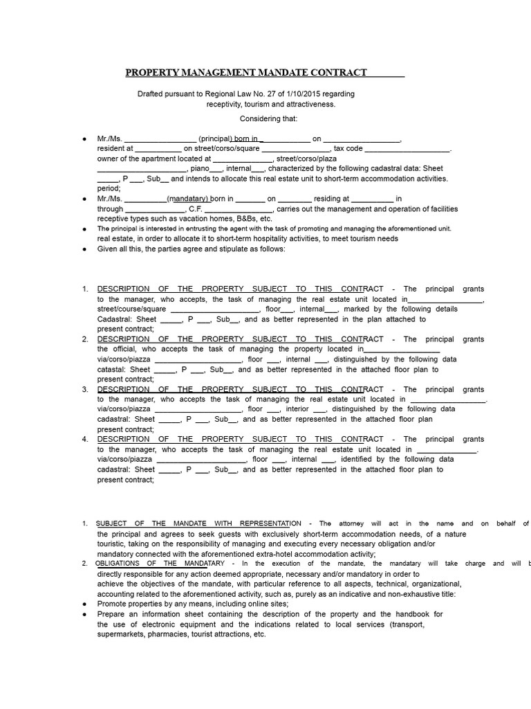 Property Management Mandate Contract | PDF | Insurance | Private Law
