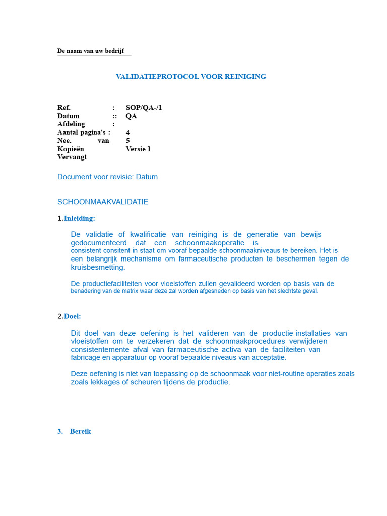 Schoonmaak Validatie Protocol | PDF