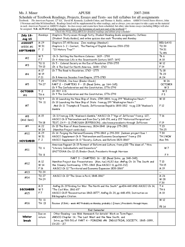 AP Reading Schedule 200708 New Deal Progressivism