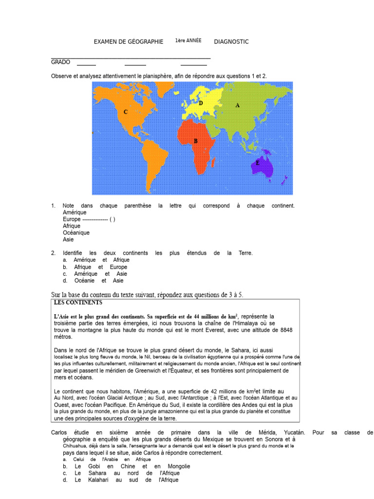 Examen de géographie : continents et océans | PDF | Terre | Continent