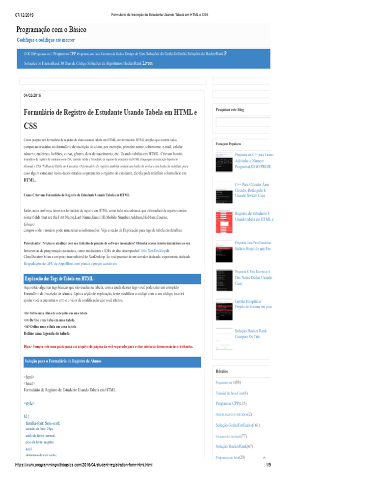 Formulário de Registro de Estudante em HTML | PDF | Html | Diploma de ...