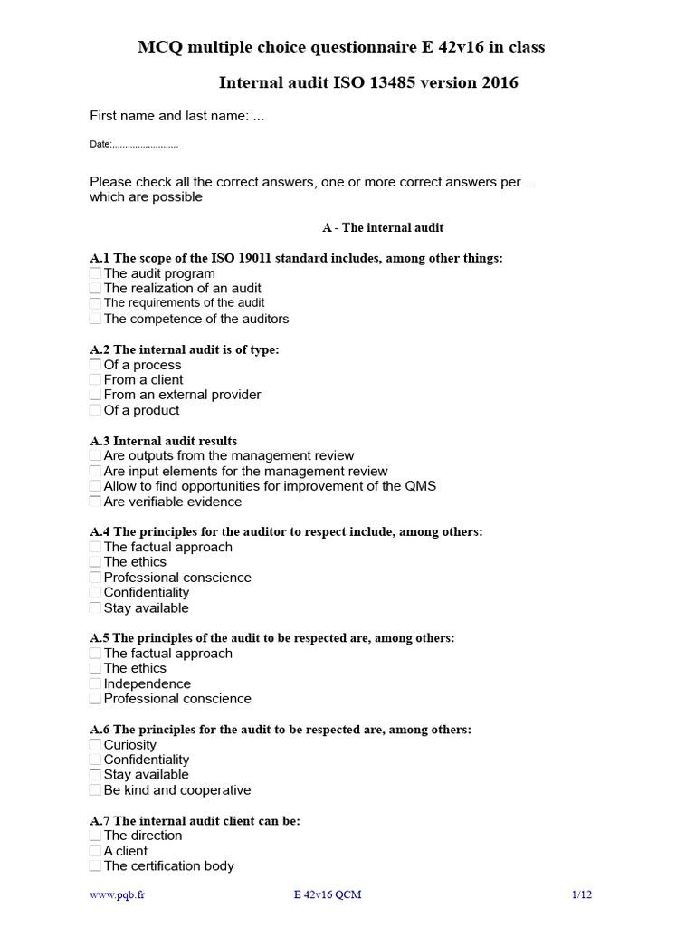 Internal Audit MCQ for ISO 13485 | PDF | Audit | Internal Audit