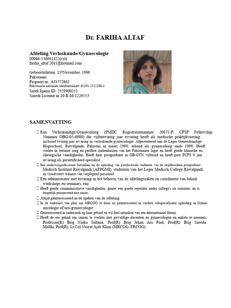 CV Fariha Altaf Gynaecoloog Geactualiseerd | PDF
