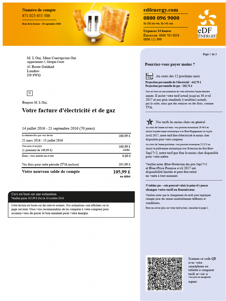 Facture d'électricité et de gaz EDF | PDF | Facture