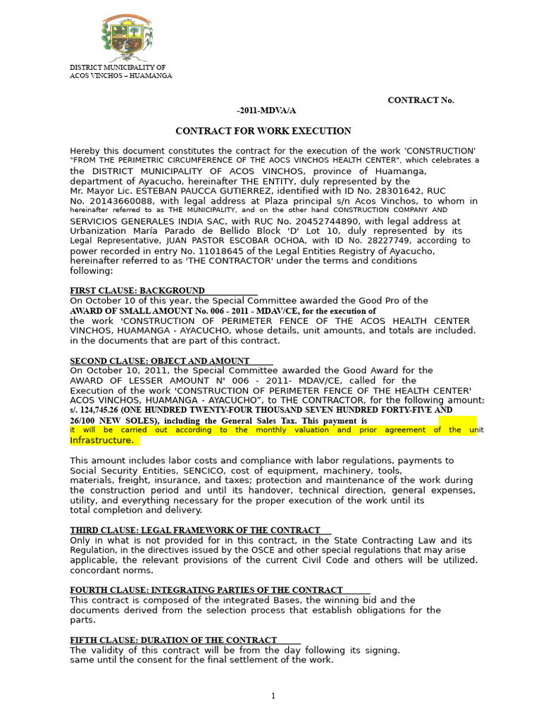 Acos Vinchos Health Center Construction Contract | PDF | Breach Of ...