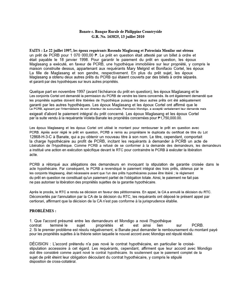 Banate c. PCRB : Hypothèque et Novation | PDF