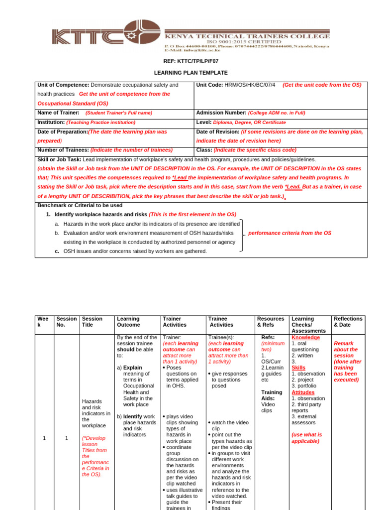 Learning Plan Template Draft-1 | PDF | Occupational Safety And Health ...