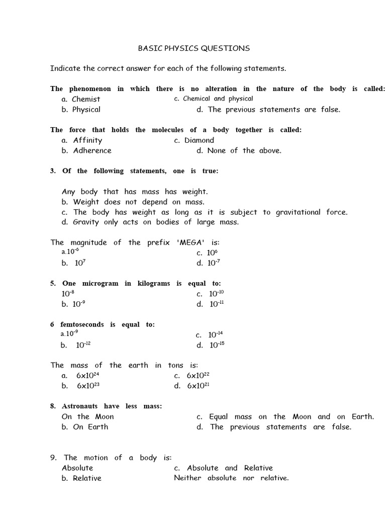 Basic Physics Quiz Questions | PDF | Force | Lever