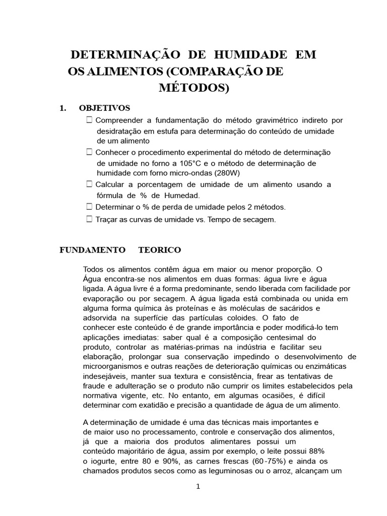 Métodos de Determinação de Umidade em Alimentos | PDF | Umidade | Alimentos