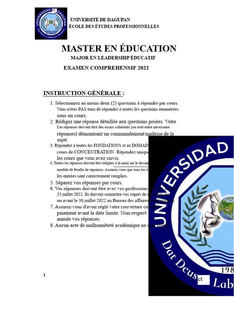 EXAMEN COMPREHENSIF 2022 MED Leadership Éducatif | PDF | Psychologie du ...