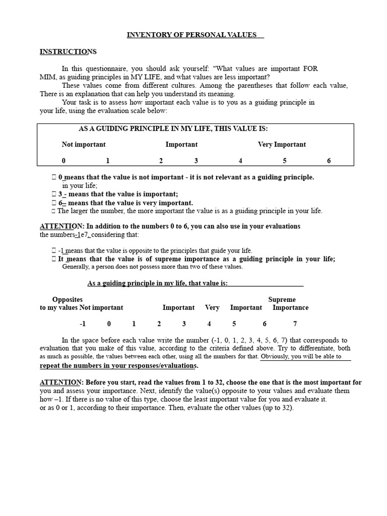 PERSONAL - VALUES - INVENTORY - SVS - Schwirtz - With Scale | PDF ...