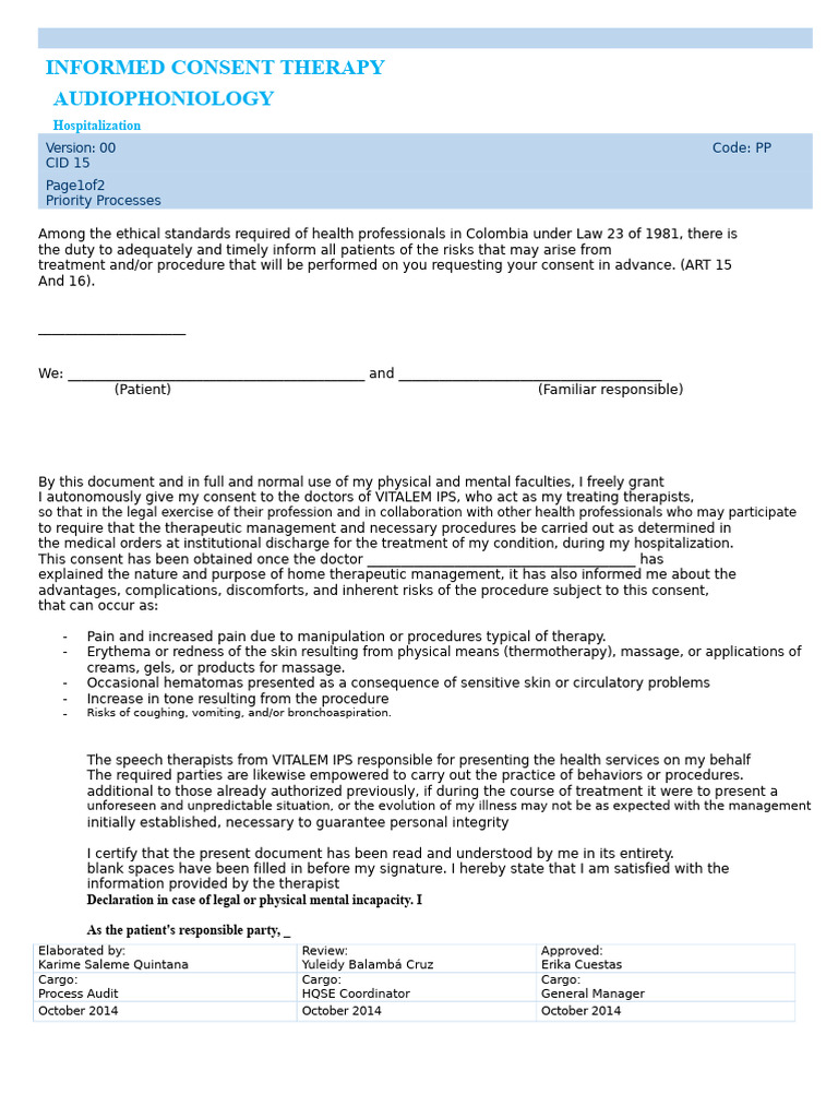 Informed Consent for Therapy Procedures | PDF | Informed Consent ...