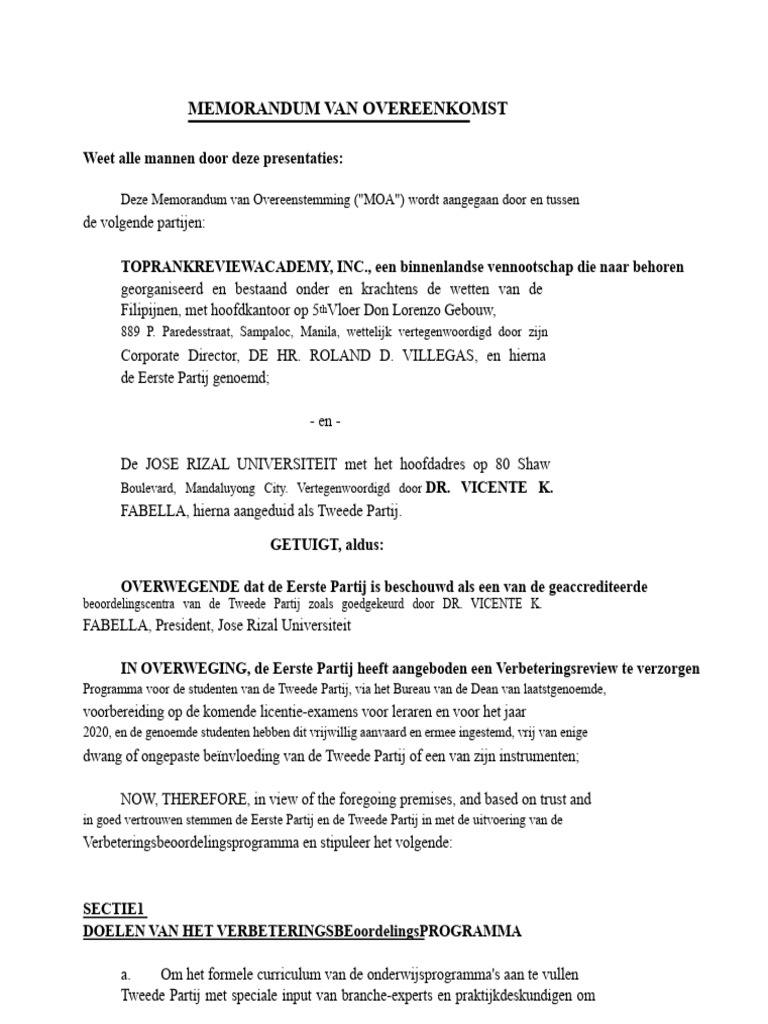 Jose Rizal Universiteit (Memorandum Van Overeenstemming) | PDF