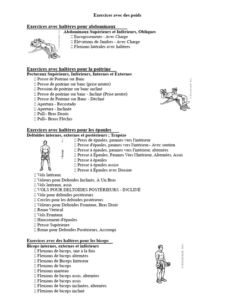 Exercices haltères pour abdos et bras PDF Pied Genou — free download
