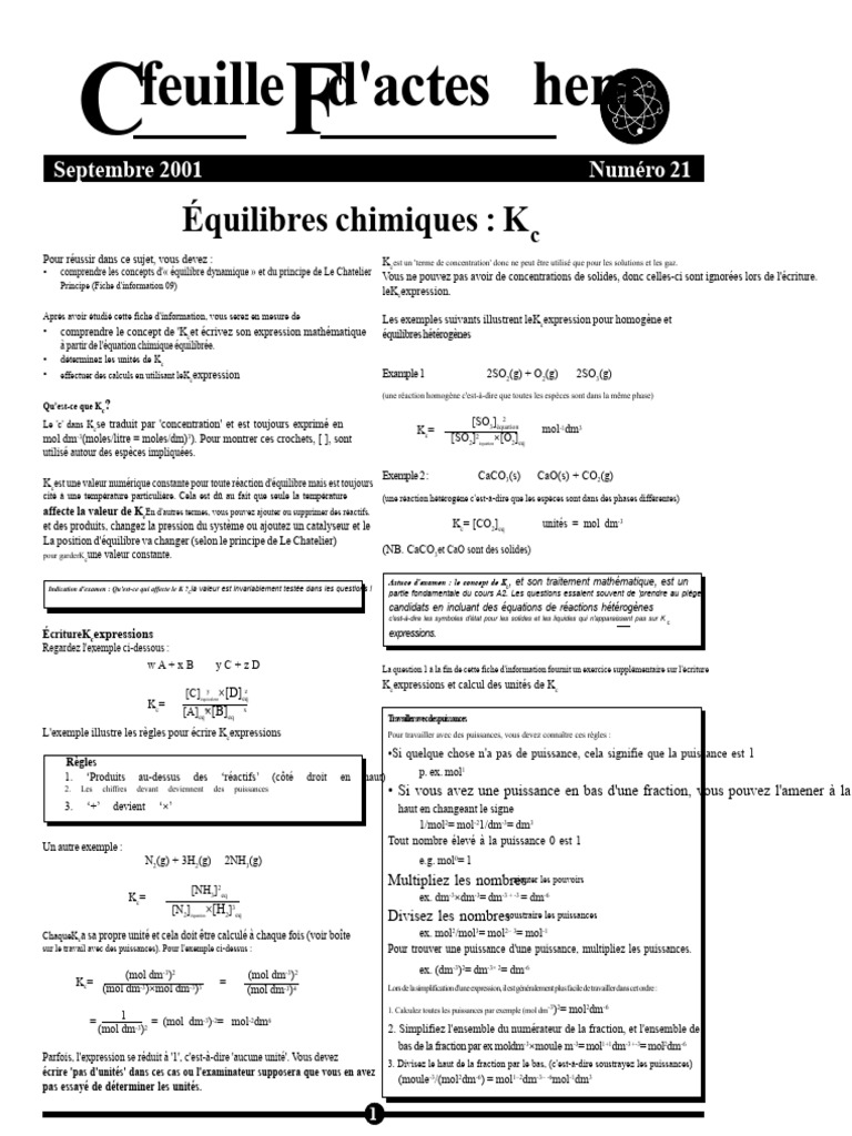 Équilibres chimiques et expression Kc | PDF | Équilibre chimique ...