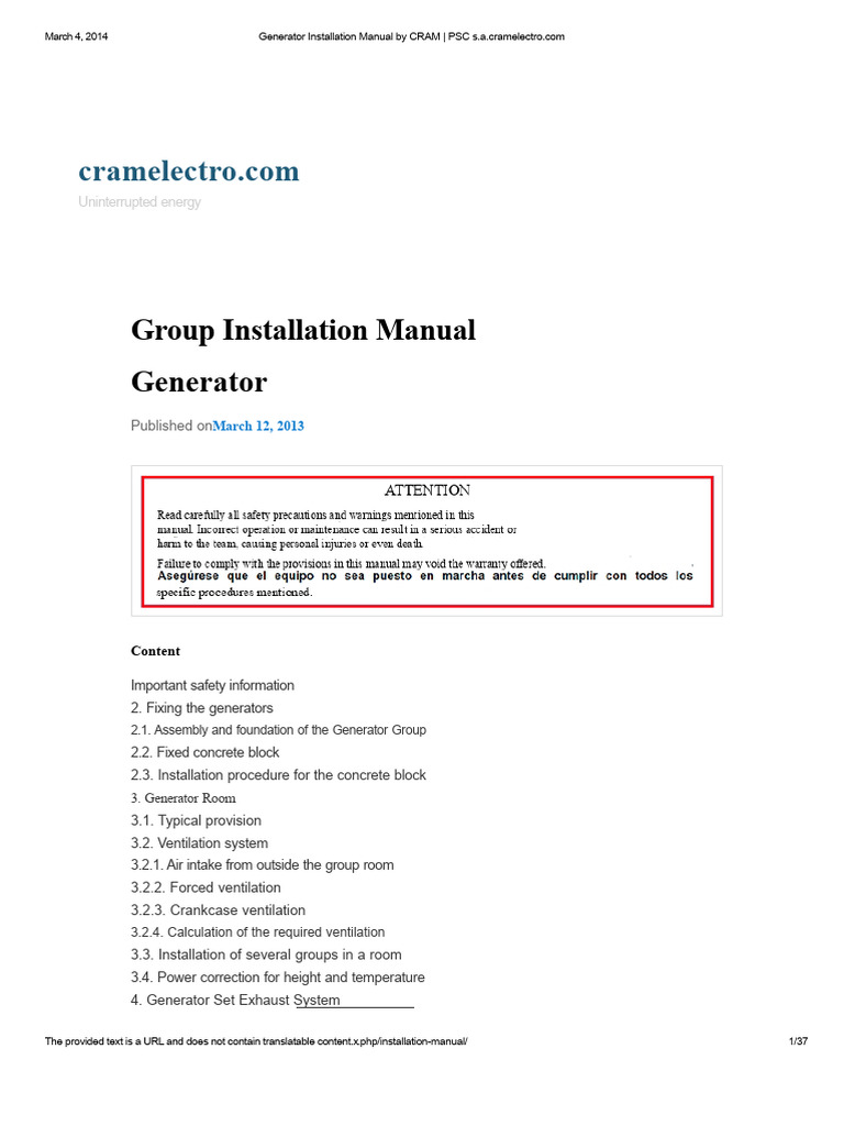 Generator Installation Manual Guide | PDF | Atmosphere Of Earth | Engines