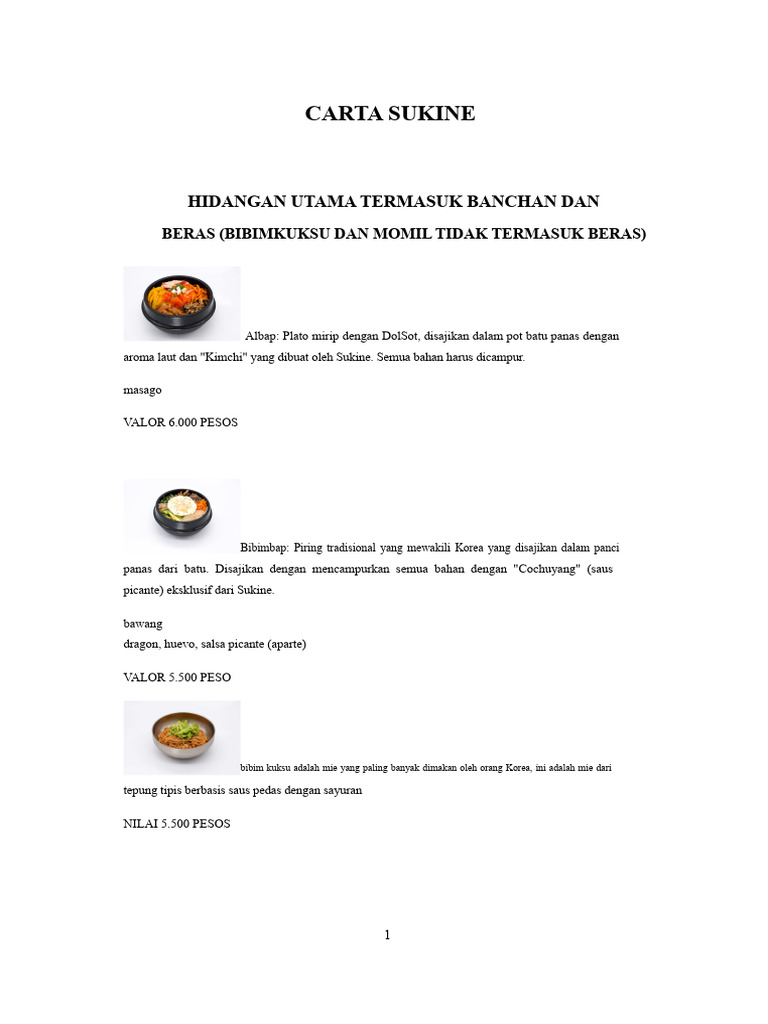Menu Hidangan Utama Korea di Sukine | PDF
