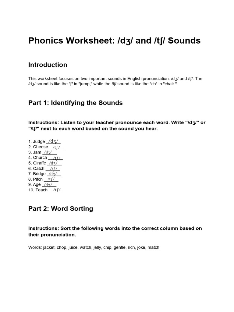 /dʒ/ and /tʃ/ Sound Worksheet | PDF