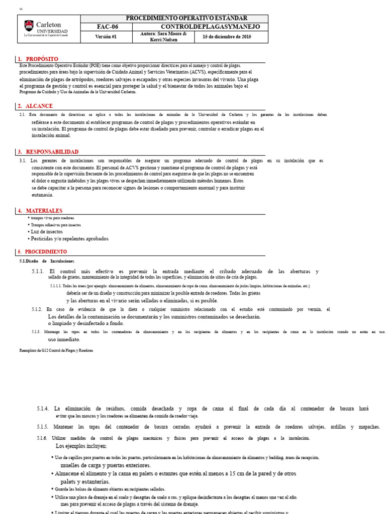 Procedimiento Operativo Estándar para El Control de Plagas | PDF ...