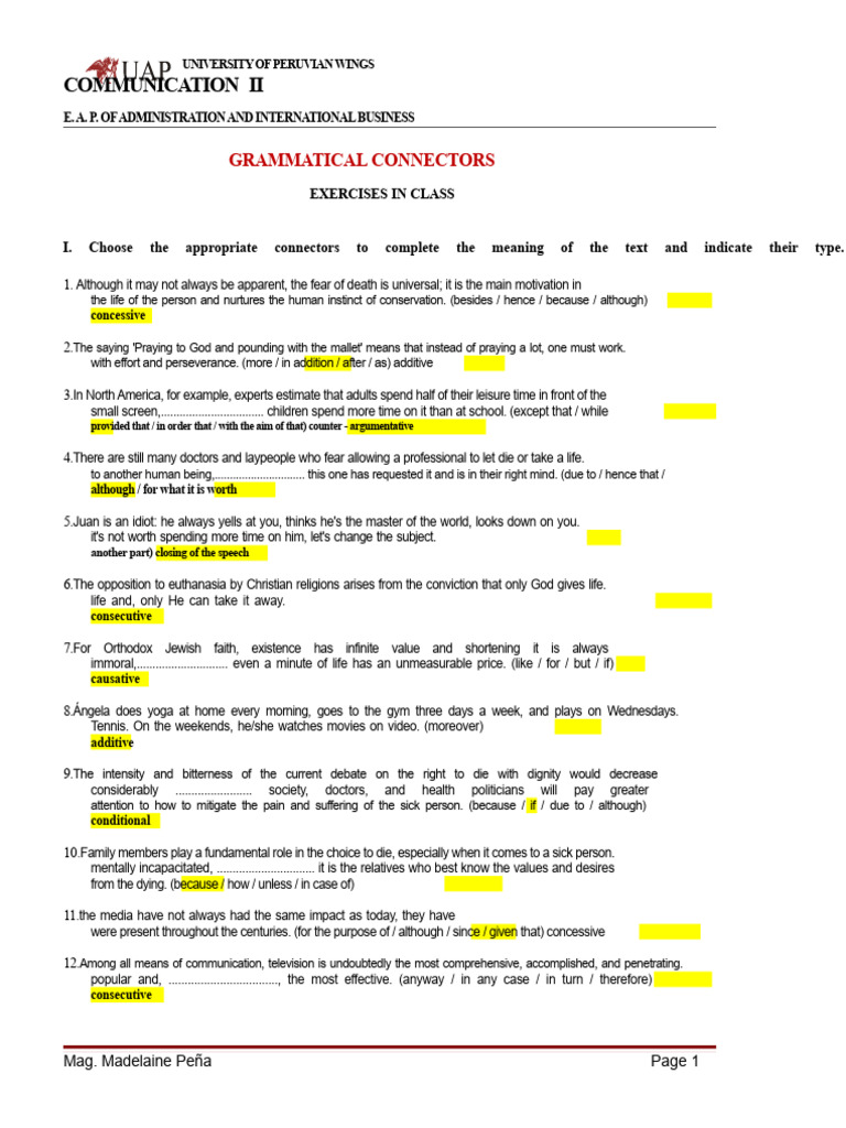 Grammatical Connectors Exercises Guide | PDF