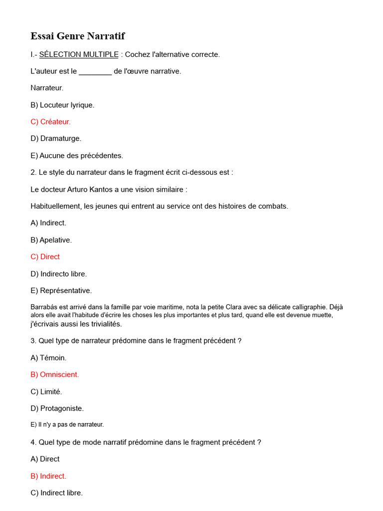 Quiz sur le Genre Narratif | PDF | Romans | Comédie