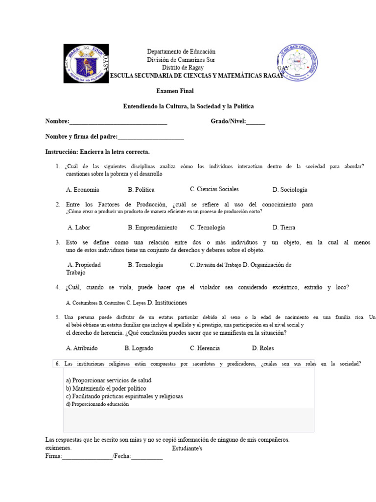 Examen Final de Ciencias Sociales y Cultura | PDF | Sociedad ...