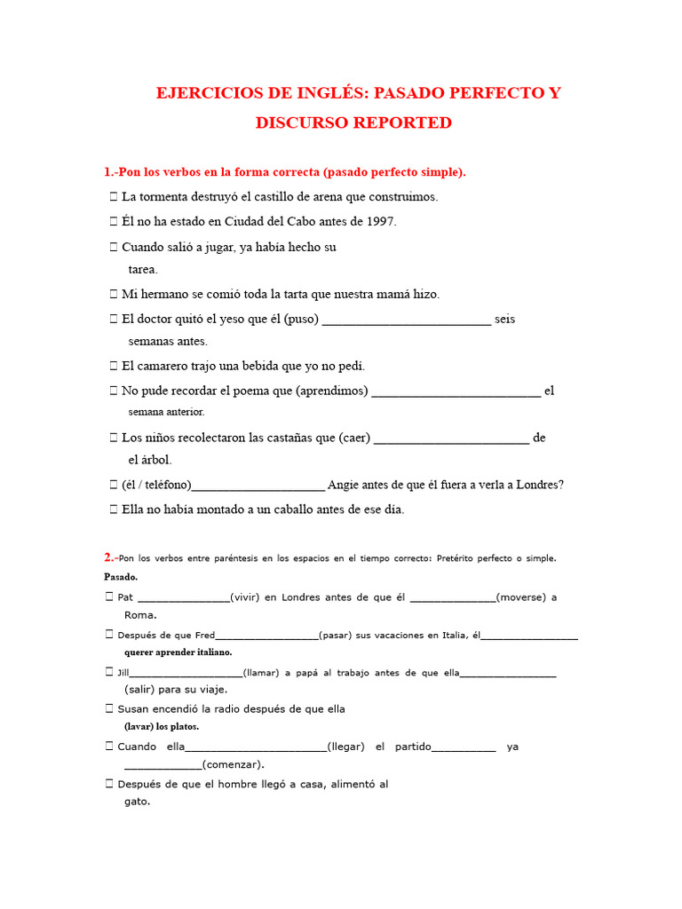 Ejercicios de Inglés - Pasado Perfecto - Pasado Simple | PDF