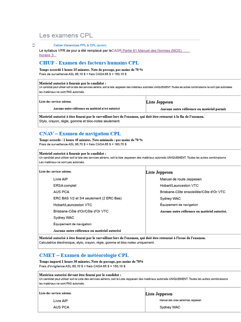 Examen CPL : Détails et Matériel Autorisé | PDF | Aéronautiques | Aviation