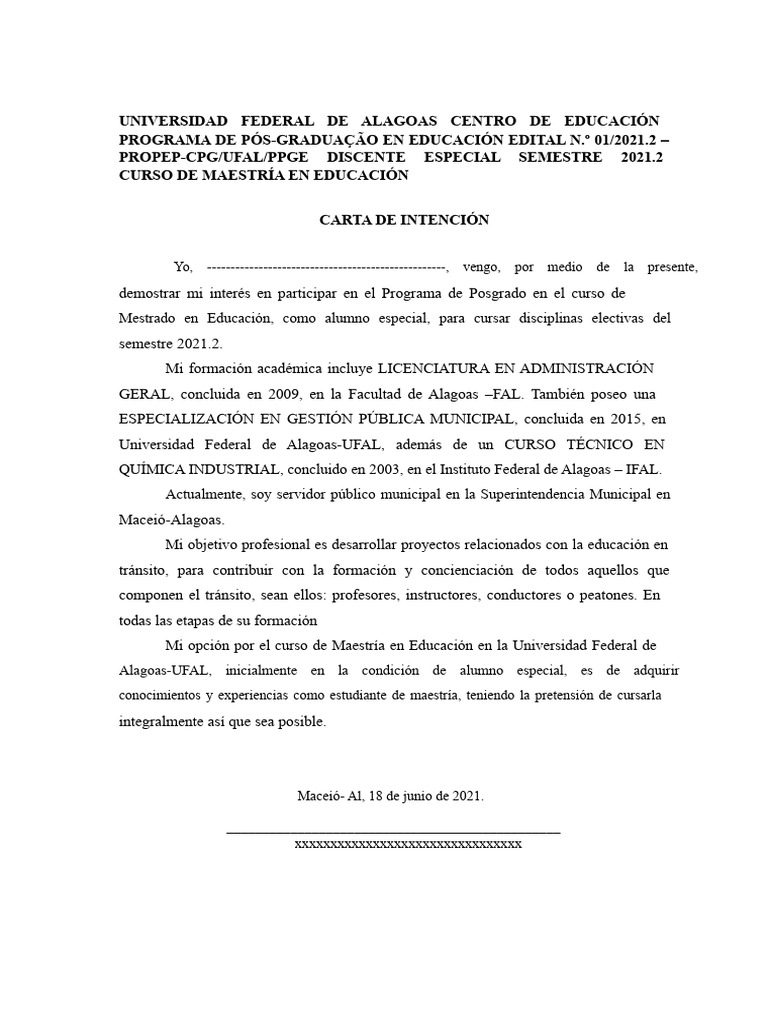 Carta de Intención para Maestría en Educación | PDF